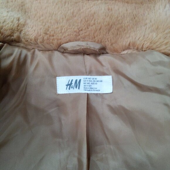 HM Faux Fur Teddy Coat Womens Beige Snap Front Collared Long Sleeve Jacket Sz 10 - Picture 6 of 9